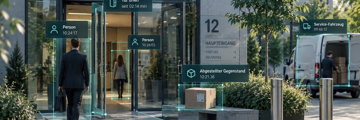 Facility-Eingang mit offener Tür, Personen, abgestelltem Gegenstand und Service-Fahrzeug mit Zustands-Markierungen
