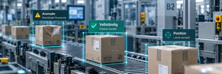 Förderband mit Paketen, Vollständigkeits- und Positionsprüfung, Anomalie-Markierung und Linienstatus