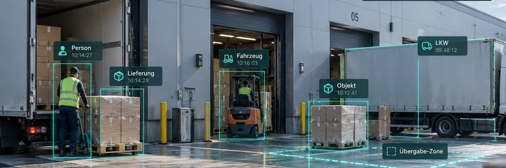 Logistikhalle mit Toren, Anlieferung, Person, Gabelstapler, LKW, Paletten und Übergabe-Zone mit Prozess-Markierungen