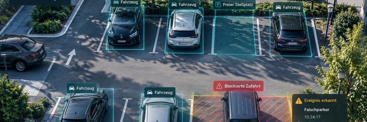 Parkplatz-Analyse mit Belegung, Fahrzeugen, freiem Stellplatz, blockierter Zufahrt und Falschparker-Ereignis