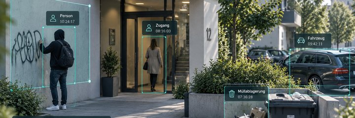 Liegenschaft mit Fassaden-Zone, Person an Graffiti-Wand, Zugang, Fahrzeug und Müllablagerung mit Ereignis-Markierungen