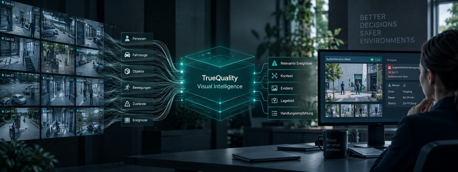 Zwölf Kamerastreams werden über Kategorien und TrueQuality-Intelligenz zu relevanten Ereignissen mit Evidenz und Lagebild für die personelle Entscheidung zusammengeführt